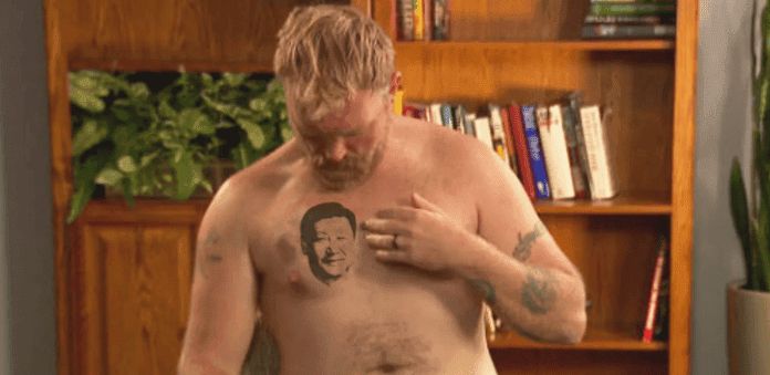 Candidate for senator for the US province of Maine, shirtless, shows off new, politically acceptable tattoo of Comrade Xi Jinping in place of prior controversial tattoo of Nazi "totenkopf" symbol.