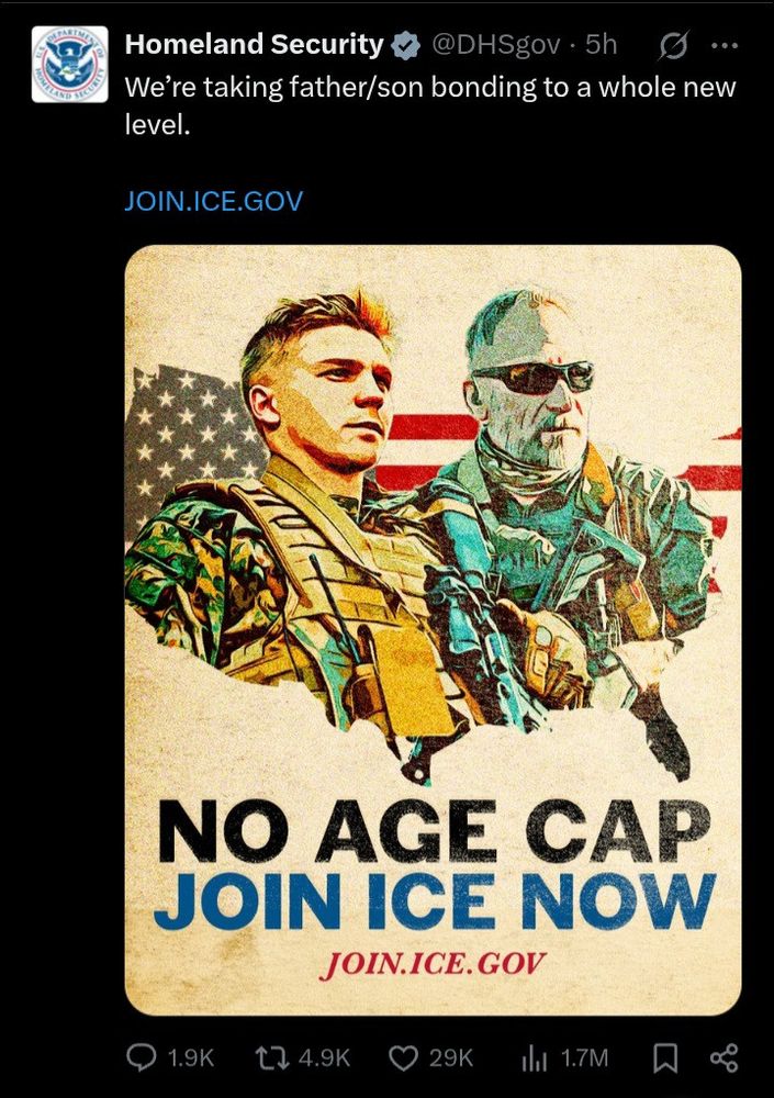 A grizzled elder, his dreams obviously crushed by capitalism, reluctantly dons military garb to engage in dangerous work suppressing undesirables and guiding his obviously dissolute and nihilistic offspring. 