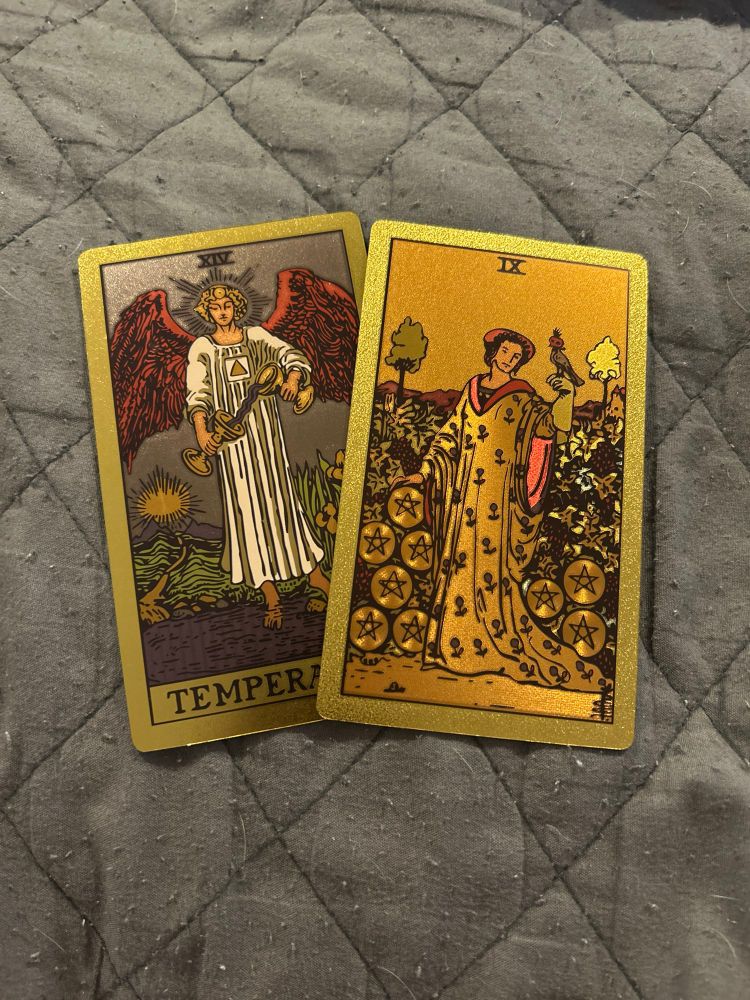 Two tarot cards facing upwards. The card on the left is Temperance, the card depicts an Angel with wings showing two cups. The card the right is 9 of Pentacles, this card depicts a lady in a garden holding a bird on their finger 
