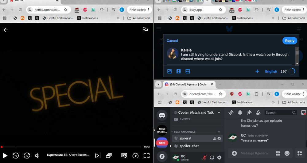 Three browser windows setup for a group watch. Netflix is on the right half, the other half is divided into bsky and discord.