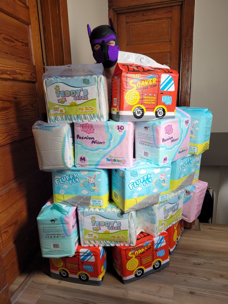 Blankey wearing his pup hood stands behind a large fort built with 16 packs of kiddos diapers including teddy's ultra, lil soaker, fluffy fly, and premium night
