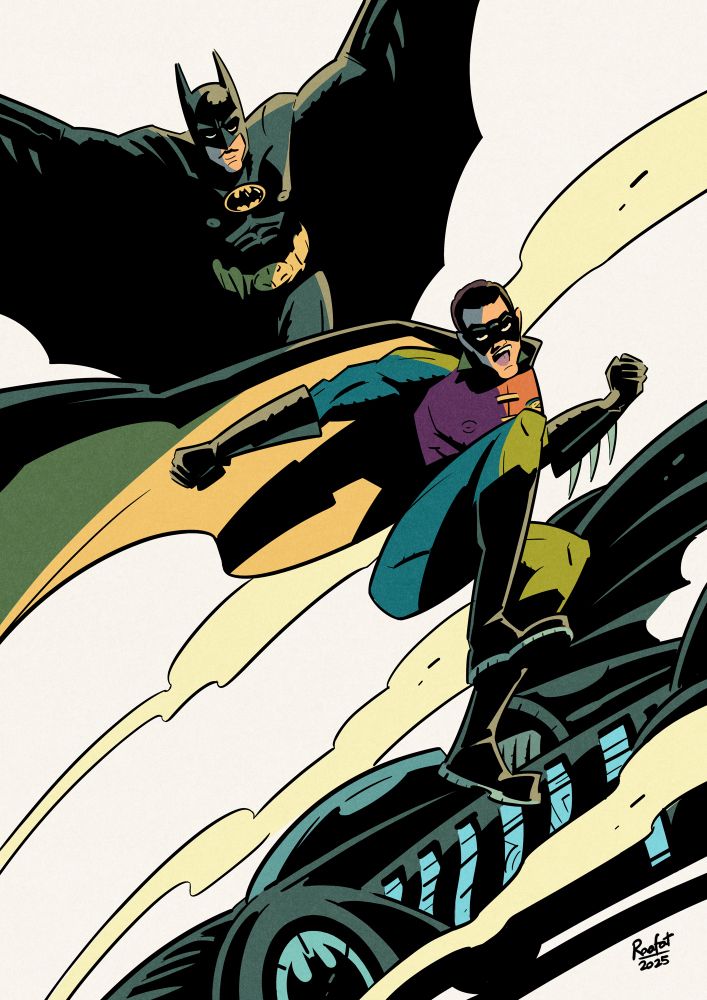 Fan art for Batman Forever showing Batman and Robin jumping out of the Batmobile 
