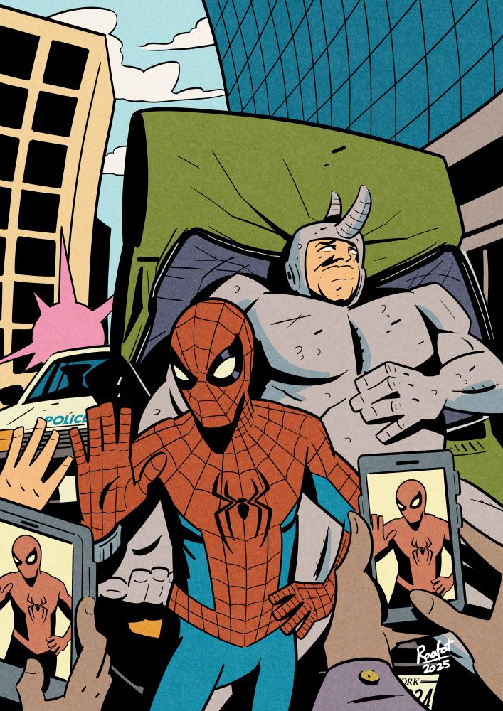 Fan art of Spider-man based off a set photo of Spider-man Brand New Day. Spider-man greeting fans who are taking selfies while Rhino is crashed into a van in the back 