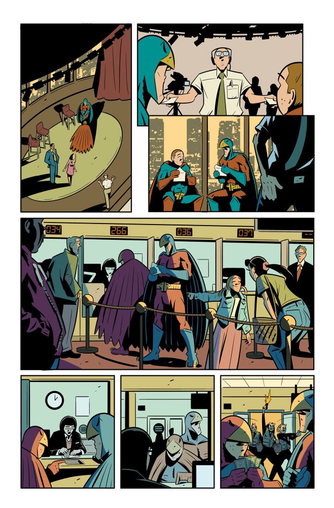 Page from Who Are The Power Pals issue #3 showing the Power Pals at a bank before a robbery proceeds 