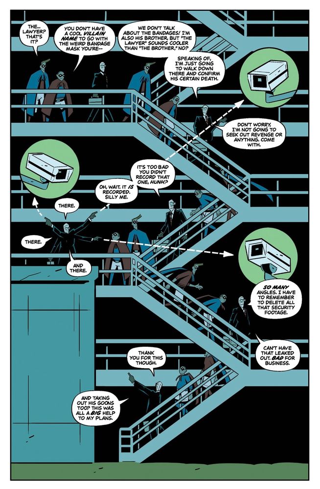Page from WHO ARE THE POWER PALS issue #4 showing the Power Pals and the lawyer walking down the stairs in a single panel 