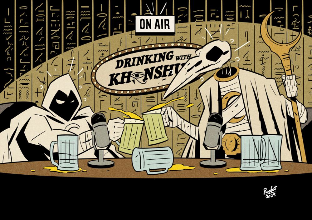 Moon Knight and Khonshu sitting opposite each other in podcast studio drinking
