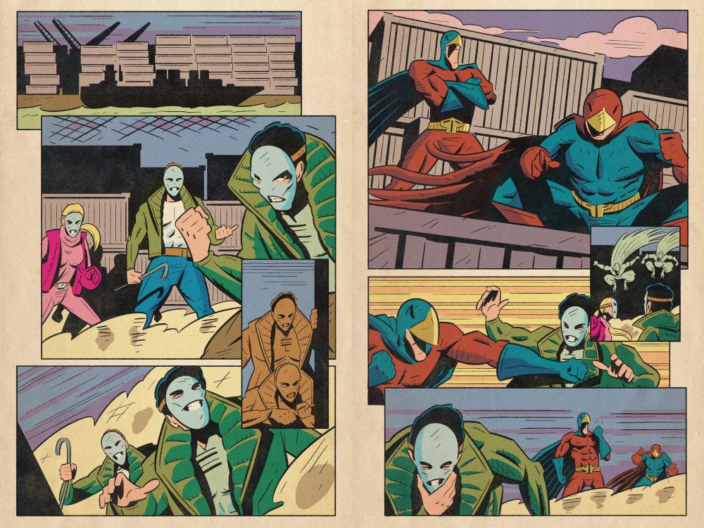 Pages from WHO ARE THE POWER PALS issue #3 in 90s Image style showing the Power Pals stopping a robbery at the docks