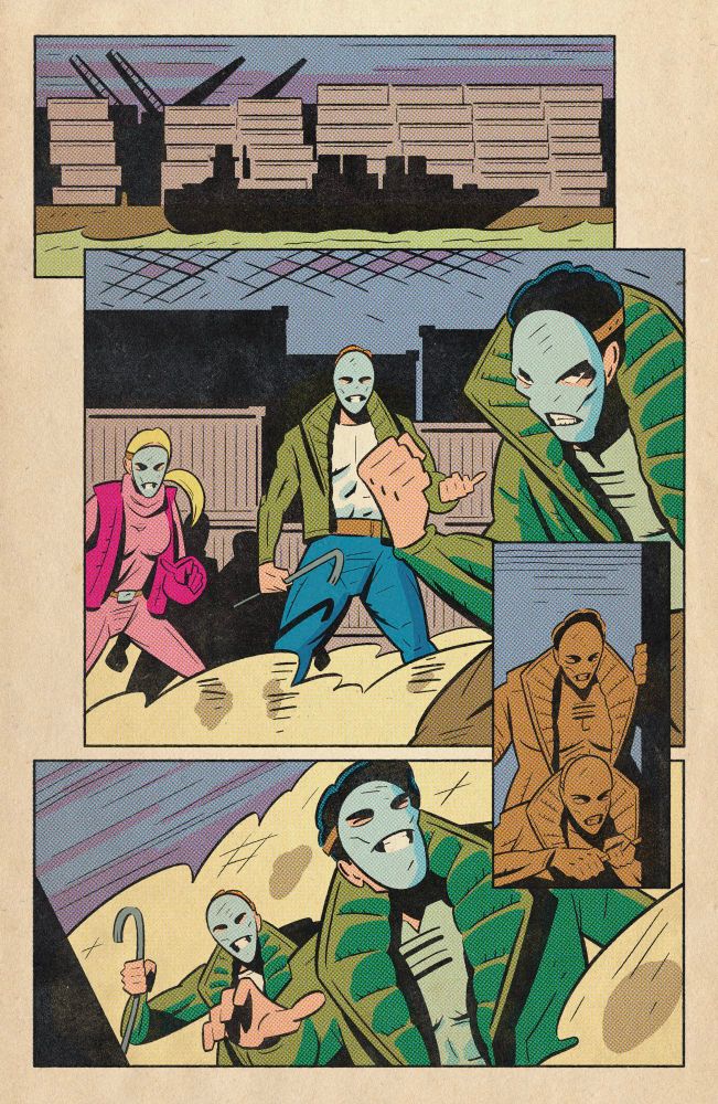 Page from Who Are The Power Pals issue #3  in 90s Image comics style featuring a gang at the docks 