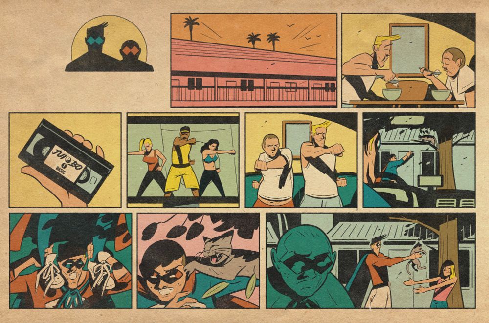 Page from WHO ARE THE POWER PALS issue #2 in newspaper strip style showing the Power Pals having breakfast, training then going out to save a cat from a tree