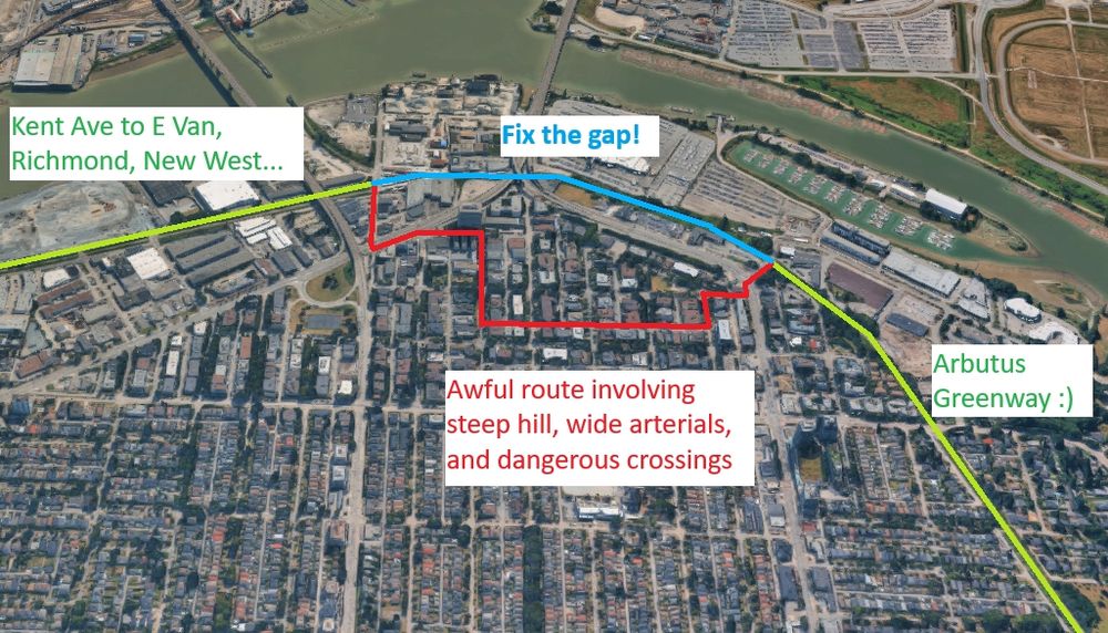 A map showing the current detour between the Arbutus Greenway and Kent, and a potential gap fix which connects the two properly. 