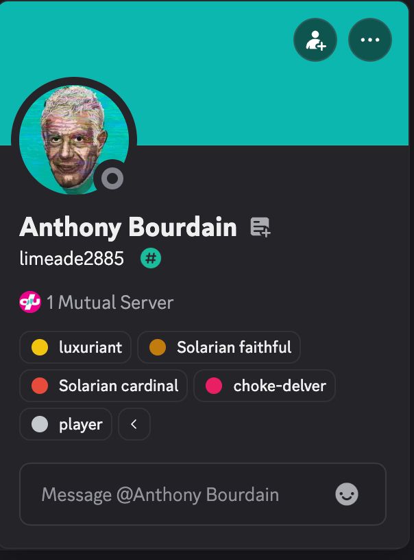 The profile of a player as "anthony bourdain" who goes into every major establishment and faction and leaves reivews in Bourdain's signature style.