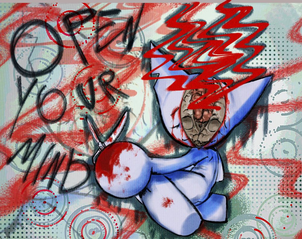 Token (femtanyl musician masckt) with head split open and waves coming from jt