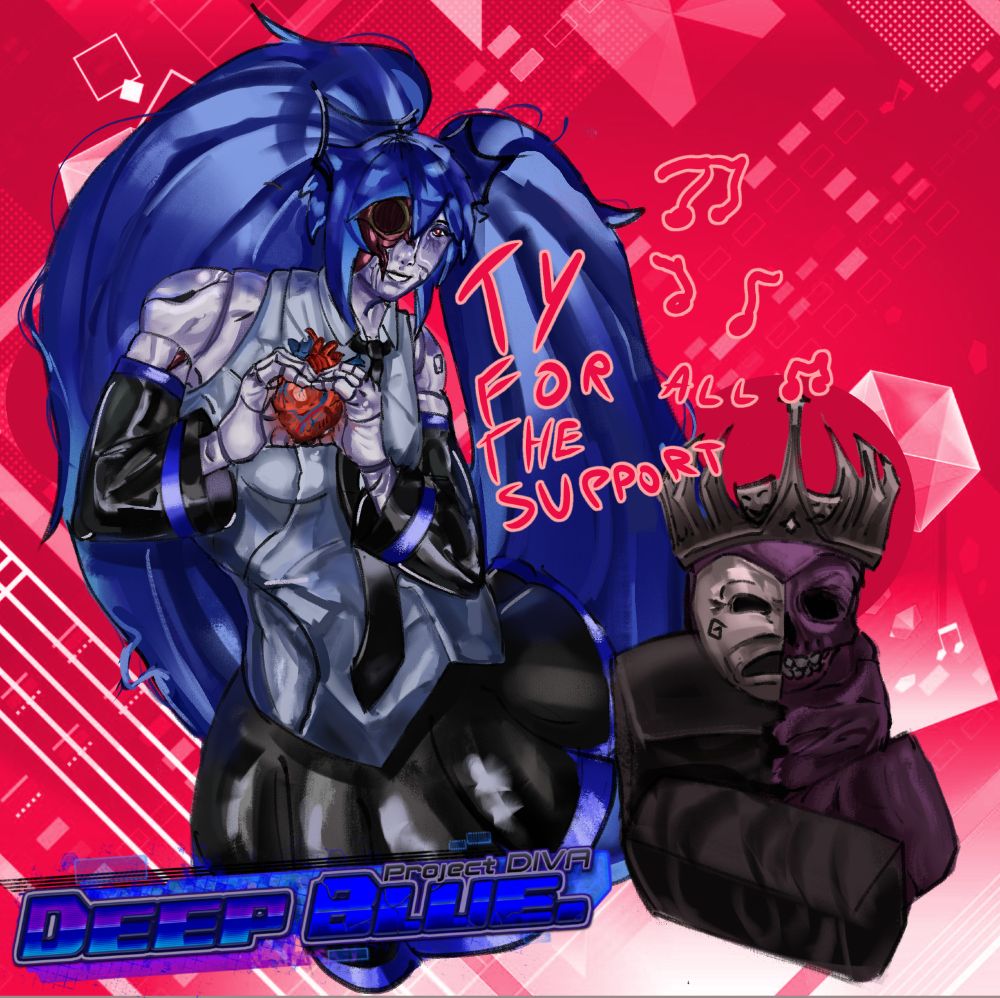 Diva (this projects version of miku) doing the heart piece sign while noli is annoyed