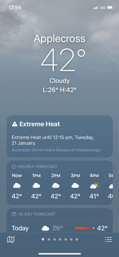 Weather screenshot. 42 and cloudy. 