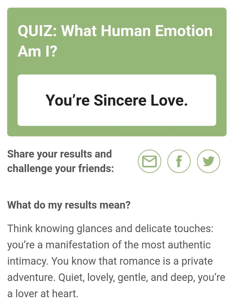 You're sincere love
Think knowing glances and delicate touches: you're a manifestation of the most authentic intimacy. You know that romance is a private adventure. Quiet, lovely, gentle, and deep, you're a lover at heart.