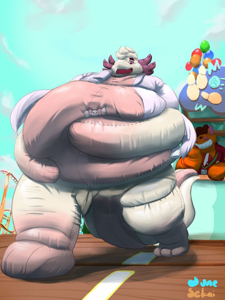 Dexter absentmindly walked out of the attraction when they started feeling heavier.. and also softer.. They released they're getting stuffed to the seams! the new plushies hugs their new found stuffed belly