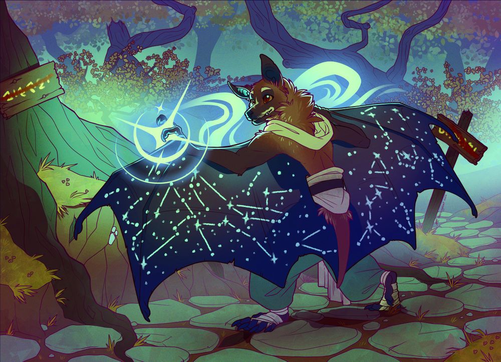 An anthropomorphic fruit bat with constellation patterns painted on his wings. He is in an eerie forest and casting a spell.