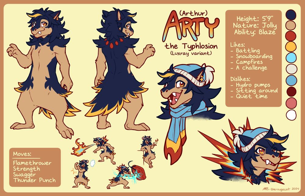 Reference sheet featuring a Typhlosion character from several angles. He is navy blue and tan, with yellow accents in his fur. His head, neck, and hips are extra fluffy. He can be seen wearing a blue hat and scarf.