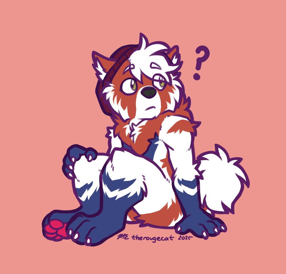 An anthropomorphic Samoyed-red panda hybrid. He is sitting on the ground, looking over his shoulder with a question mark over his head.