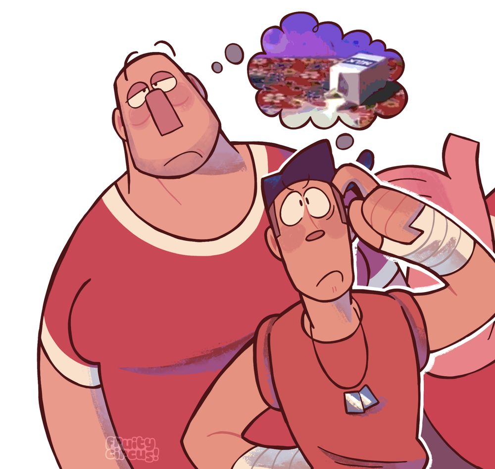 Heavy and Scout from Team Fortress 2 both looking at something. Scout seems actively thinking while Heavy is bored out of his mind. Both have a thought cloud that has the spilled milk from Spongebob.