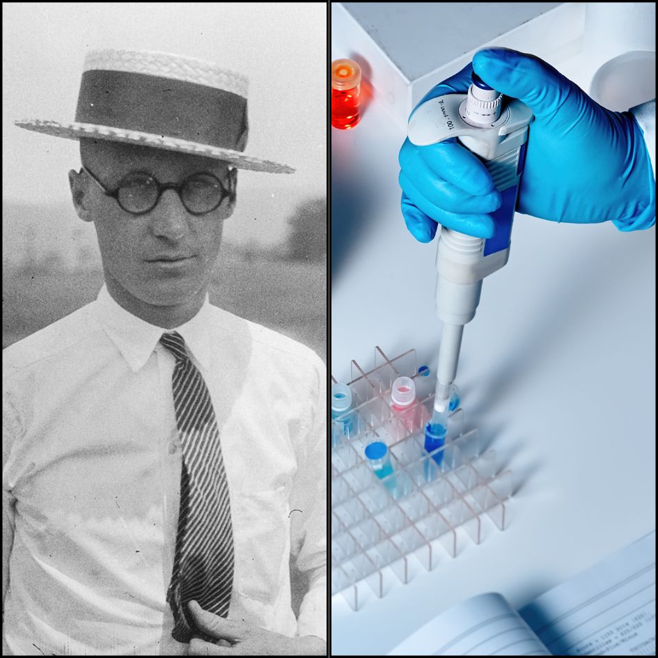 Split-image promoting the Scopes Trial Centennial Symposium and ISEMPH Conference. Left side: a black-and-white photo of John Scopes in a straw hat, glasses, and tie, representing the 1925 trial. Right side: a color photo of a gloved hand using a micropipette to fill test tubes in a lab setting, symbolizing modern scientific research. The contrast highlights the enduring relevance of science and evolution in public discourse.