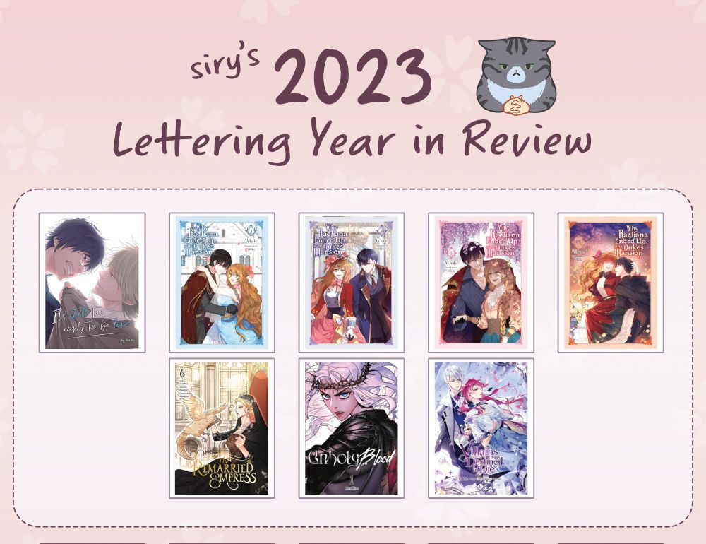 A collage of manga/manhwa I've lettered in 2023! Totaling 8 books