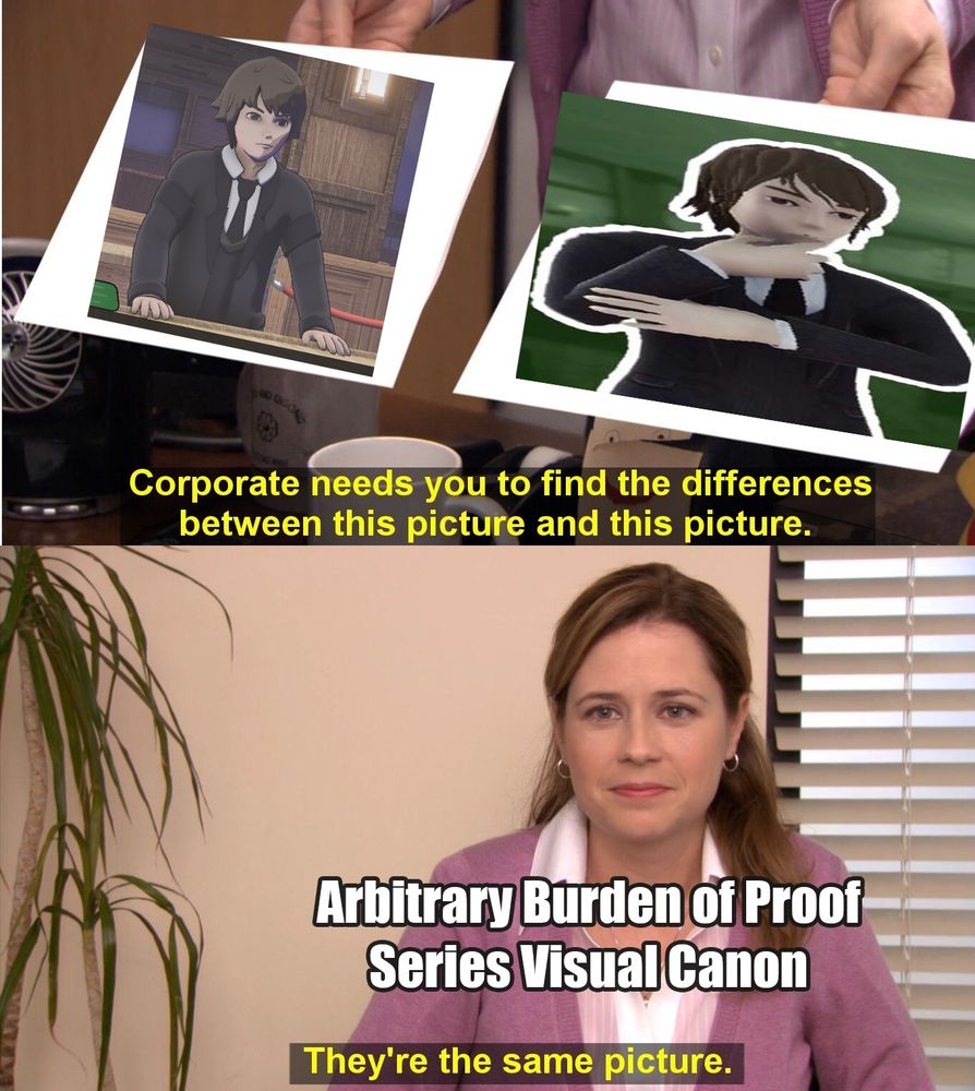 The "corporate needs you to find the differences between this picture" meme but with a picture of the character Conrad Cross from Burden of Proof and of Conrad Cross from the sequel game Burden of Truth. The bottom panel is captioned with "Arbitrary Burden of Proof Series Visual Canon"