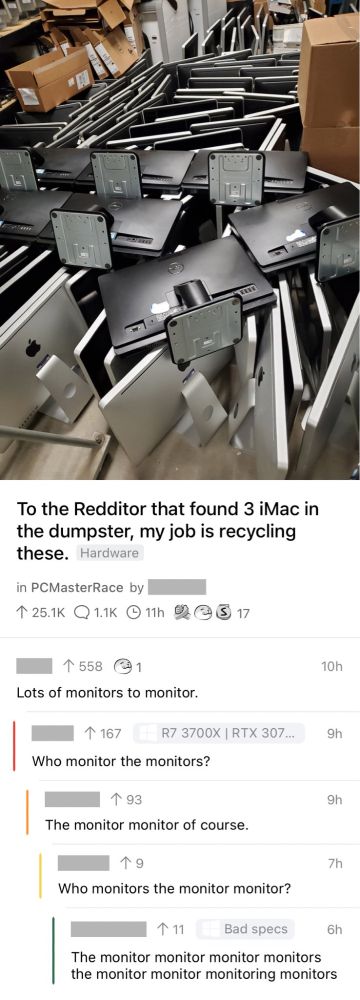 Broma acerca de una foto que muestra un grupo de monitores rescatados de la basura. "¿Quién monitorea a lo monitores?", se lee.