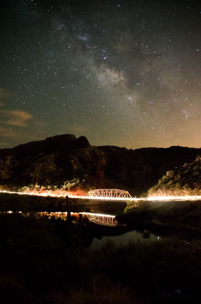 The central limb of the milky way rises over a one lane bridge at Canyon Lake, just East of Phoenix AZ, USA. 

Photo by Brian Blakesley Photography