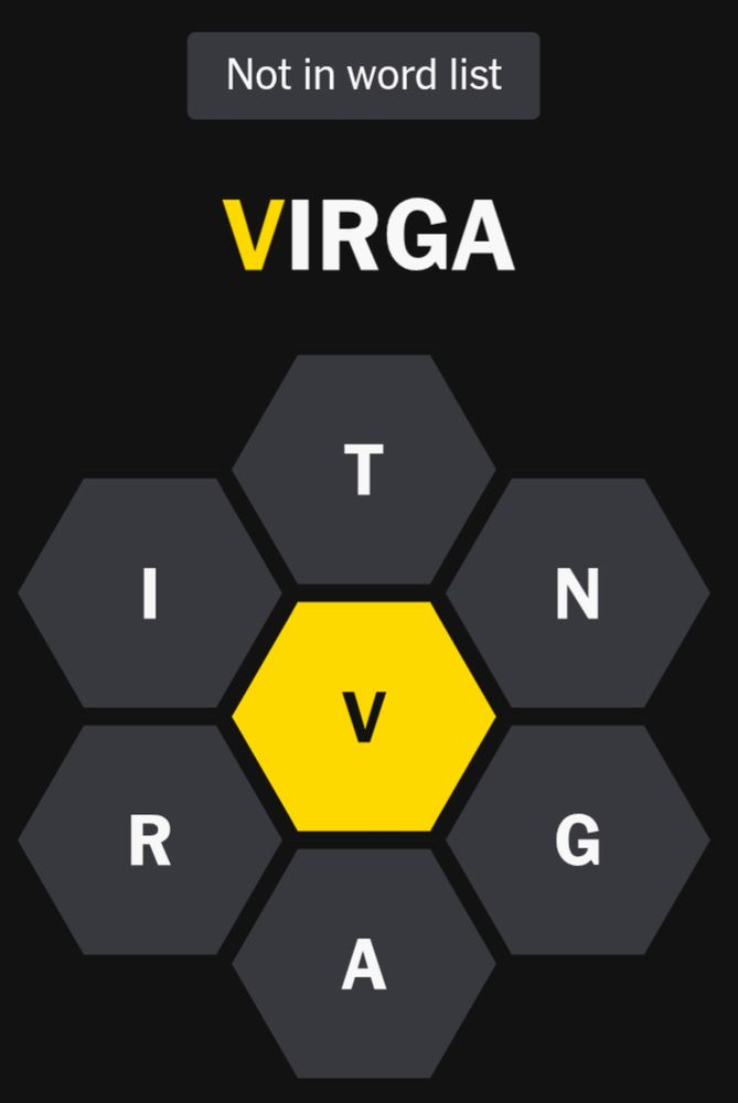 Screenshot from New York Times Spelling Bee showing 'virga' is not a valid word.