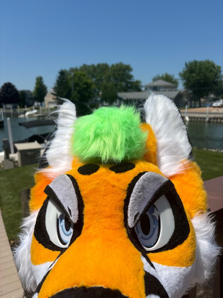 close-up of delta’s fursuit head from the nose. the fursuit has with orange, white, and black fur, light blue eyes, and a bright green tuft of hair on top. the background shows a sunny waterfront scene with a canal, boats, and houses under a clear blue sky.