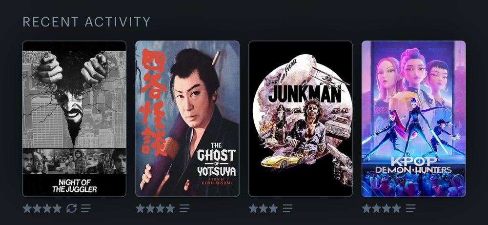 Movie posters for: Night of the Juggler, The Ghost of Yotduma (Daiei version), The Junkman, and KPop Demon Hunters)