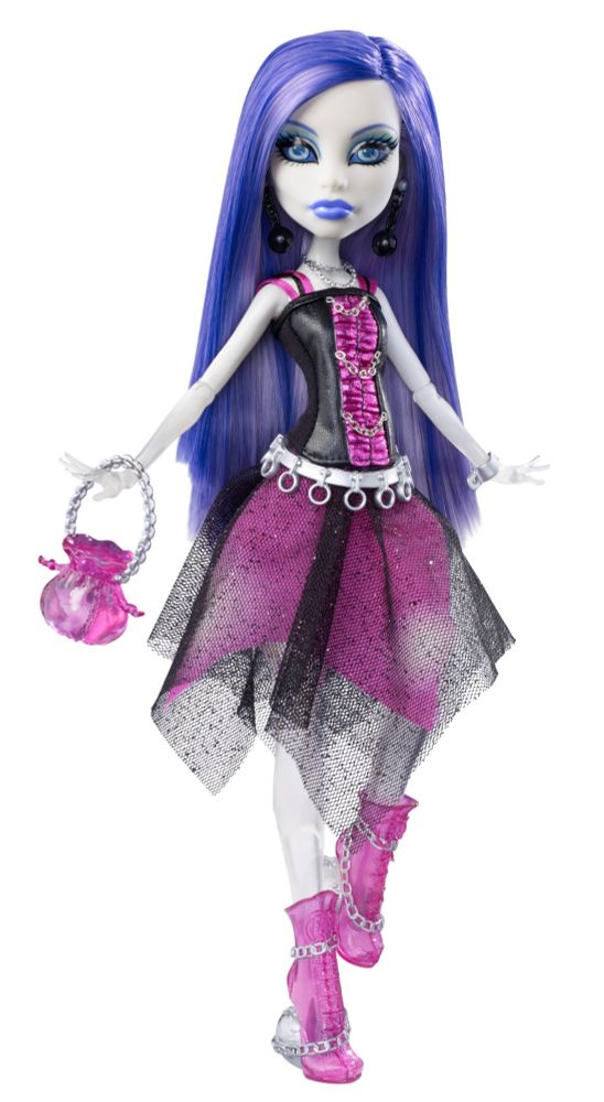 monster high signature spectra doll stock photo posed with her purse ， arms angled with a leg bent a little liking she is holding herself in the air