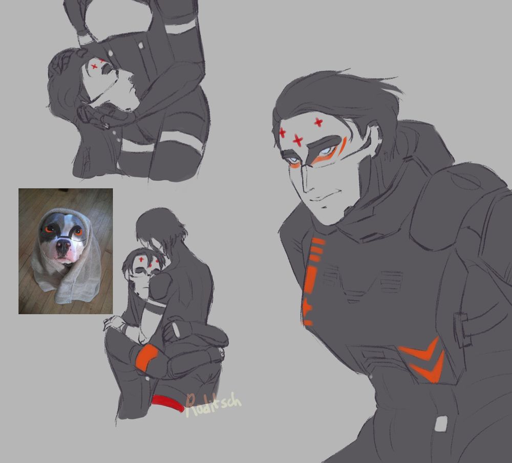 Various grey sketchers of signalis oc "Schwalbe" physically gently interacting with adler and eule, it has rare fire-orange and red accents and ironical photo of pitbull in towel, what's edited, mimicking sblr unit