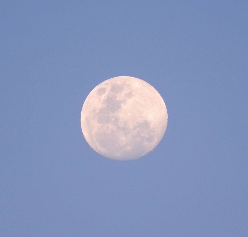 The white moon has a blue sky behind it.  