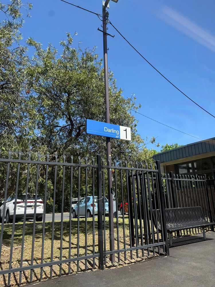 A sign at the Darling train station on platform 1