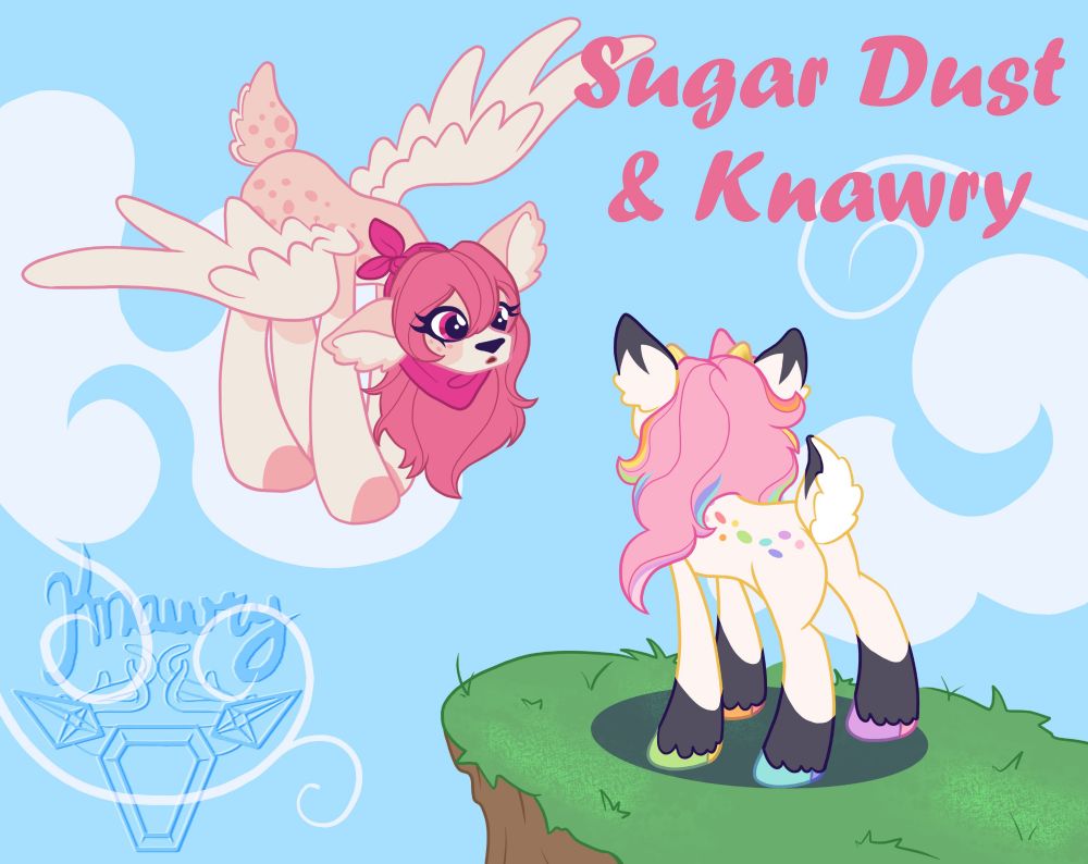 Sugar Dust is on the left owned by 0Nakeno on Art fight! Meeting a new MLP version of my Sona on the right! You should check out 0Nakeno and Sugar Dust on Art Fight! They're wonderful! 
https://artfight.net/character/5935419.sugar-dust
https://artfight.net/~0Nakeno
