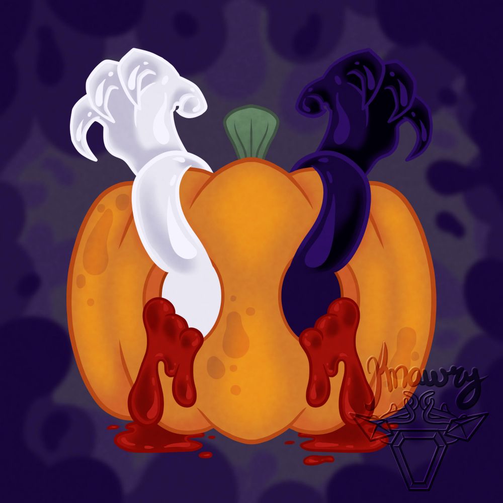 A pumpkin with eyes carved in it, with white and black goop coming out of them to form grabby hands. The eyes also spill out some gloopy drippy blood