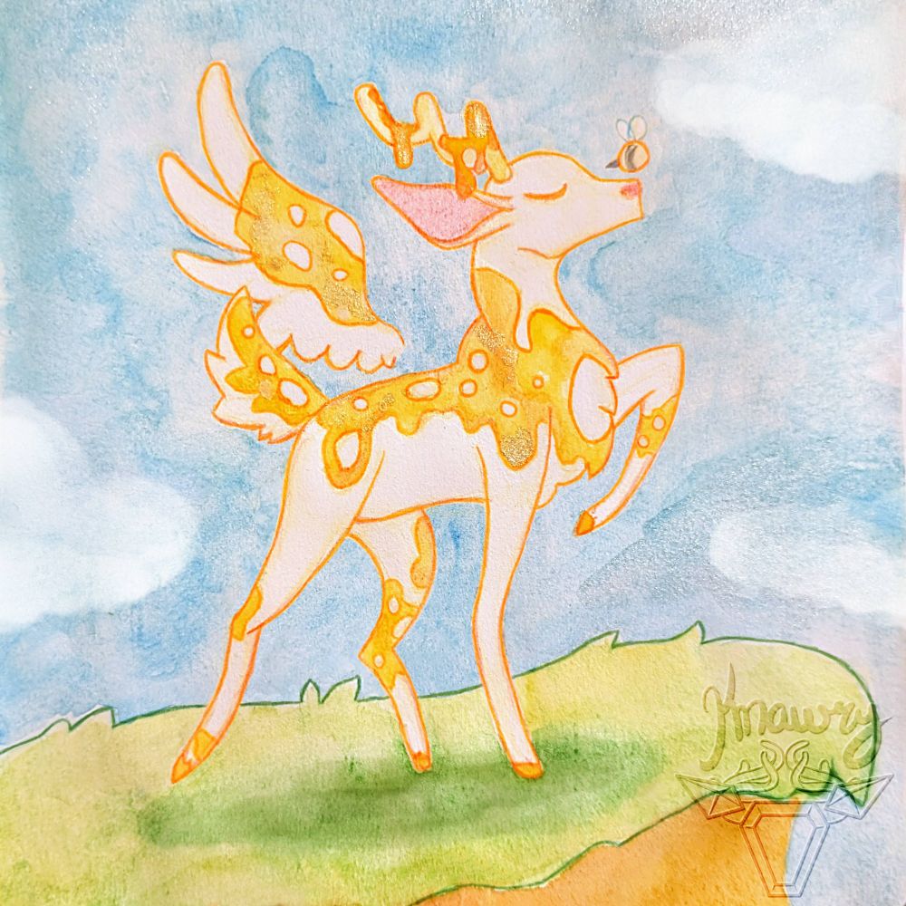 This depicts a Milk and Honey Deer named Nectarine, owned by phonkorite on Af, or mocharools on Instagram, standing majestically on a hill. This was created with watercolor and colored pencils