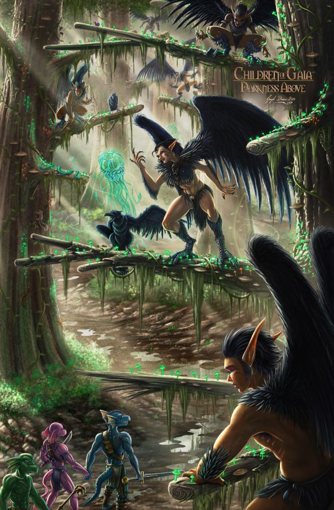 DARKNESS ABOVE depicts Ghoowhally leading his party through a mysterious, thick, dark forest. His posture suggests that he can feel he's being watched. In the canopy above we can see that they're totally surrounded and outnumbered by raven-like harpy creatures, whose territory they're encroaching upon.