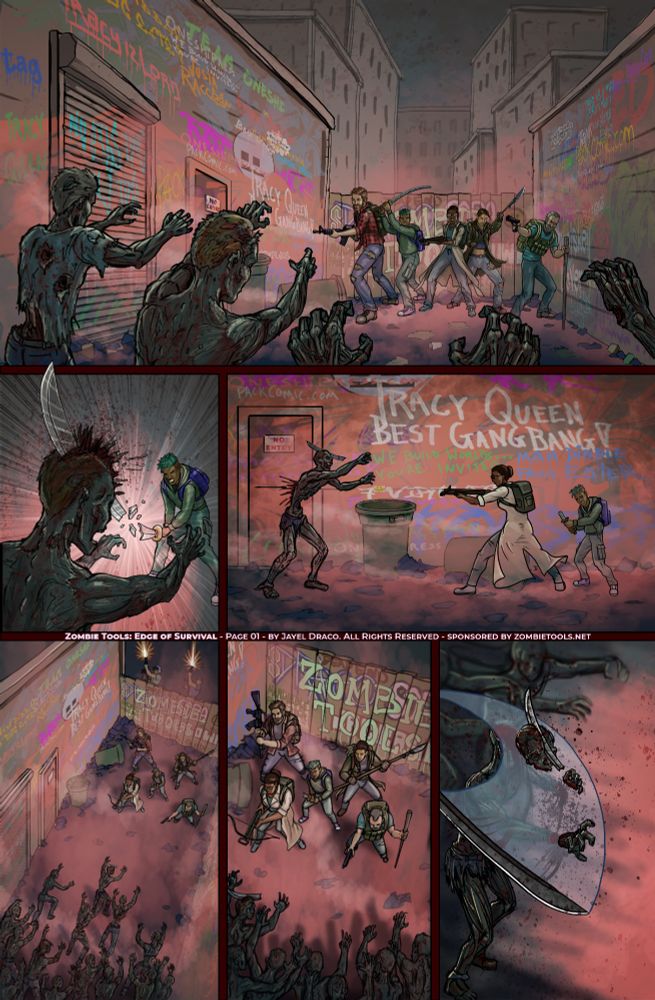 A six panel gritty comic book page opening in-medias-res, depicting a small crew of Zombie Apocalypse Survivors finding them selves trapped by a horde lured in by raiders. Their attempts to fight back fail as ammo runs out and cheap deco-blade swords break. All seems hopeless until the last panel when a mysterious blade swipes in from off-panel ending one of the Zombies up-close. 7-more pages are underway in this 8-page intro-comic sponsored by Zombie Tools at zombietools.net