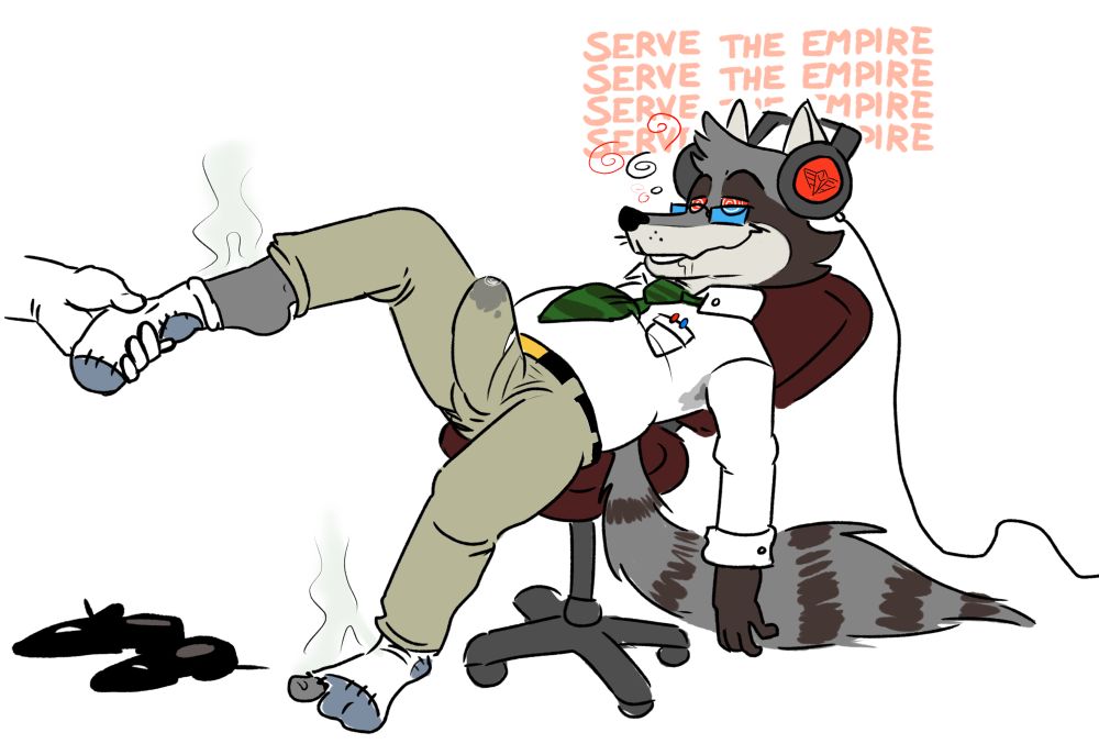 My OC, Dudley Winston the dorky raccoon office nerd, with suspicious headphones placed over his ears destroying his thought process an resistance by filling his brain with one sole command: “SERVE THE EMPIRE. SERVE THE EMPIRE. SERVE THR EMPIRE”

Dudley is reclining hard on his chair as he has a big boner in his slacks leaking with pre as the hypnotic command overwhelms with a new direction in life. The assailant has de-shoes Dudley and his post-office work socks vent into the air as the mystery assailant works to remove his socks. He also has a hole in one of them exposing his big toe :3