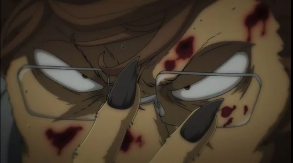 Screenshot of the same scene a couple second later to a close up of Ibuki fixing his glasses, because even as a yakuza lion man who just savagely asserted his dominance, he is a gentleman who must make sure his glasses are on neatly :///3