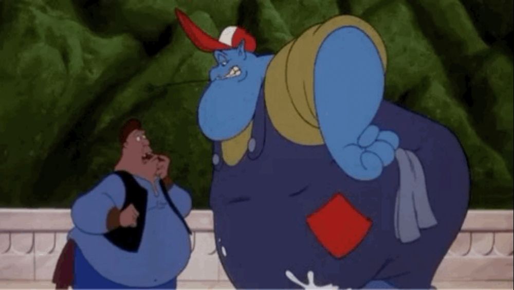 Screenshot of the genie and fat thief from right before the bump where you can really see the big fat hick look over this already big fat and tall man hahahahahahaha im So Normal about this 