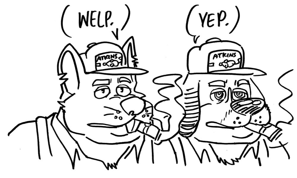 A big fat plumber rat in overalls (Leroy Atkins) in the left, and my beagle fursona Charlie hypnotized to dress like him and smoke like him as his plumbing apprentice on the right. Drawn by murrcatter