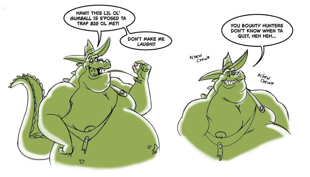 My OC, Eustus J. Givenall the III, taunting some off screen bounty hunters who supposedly were gonna trap him with a tiny pink gumball. He's a big fat green swampbilly alligator so you can see why this was comical to him. 1/4

Dialogue as shown in the panel:

Eustus: Haw!! This lil ol' gumball is s'posed ta trap big ol' me?! Don't make me laugh!!

Eustus: You bounty hunters don't know when ta quit, heh heh...