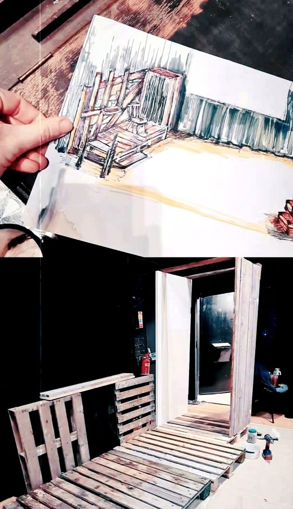 A two part image where the top half shows a sketch of a wooden house structure for a theatre set, and the bottom half shows a photograph of the set framework being built 