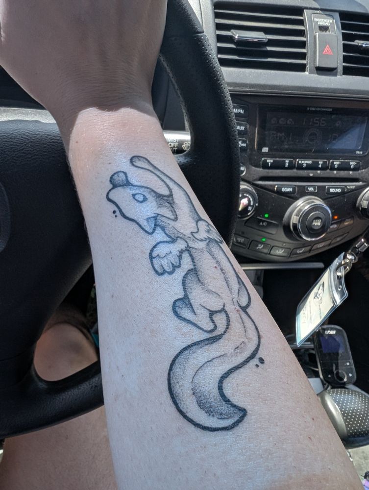 A winged fox creature tattoo, upside down from my POV