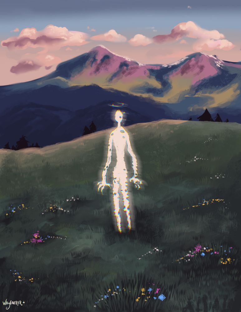 A ghostly multi-eyed entity stands in the middle of a flowering field. Mountains during sunset are in the background.