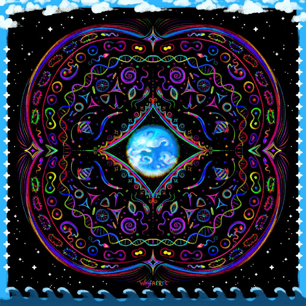 A colorful symmetrical 2D shape resembles a dividing cell with microorganisms filling the inside, the planet Earth in the middle, and a dark starry night in the background. The top border is clouds and the bottom border is ocean waves.